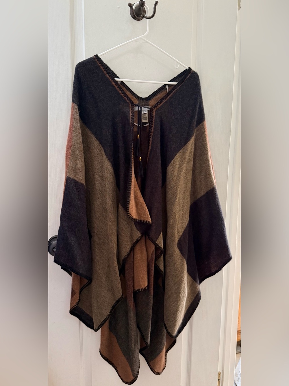 2 for $15 Colorblock Knit Poncho with Tassel Tie in Black, Brown & Tan